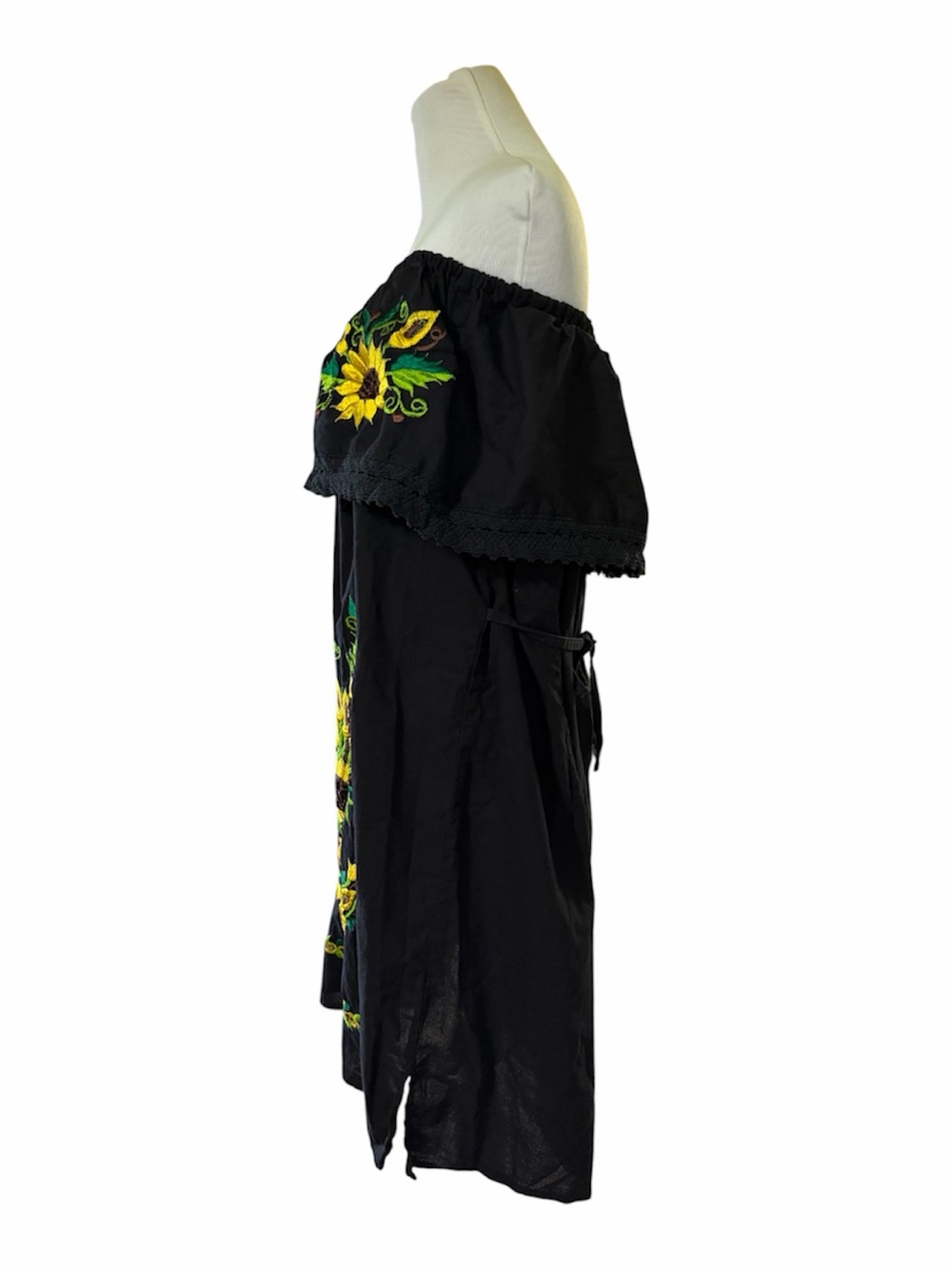 Sunflower Embroidered Mexican Dress chrochet Lace Trim Off-Shoulder knee length - Picture 4 of 7